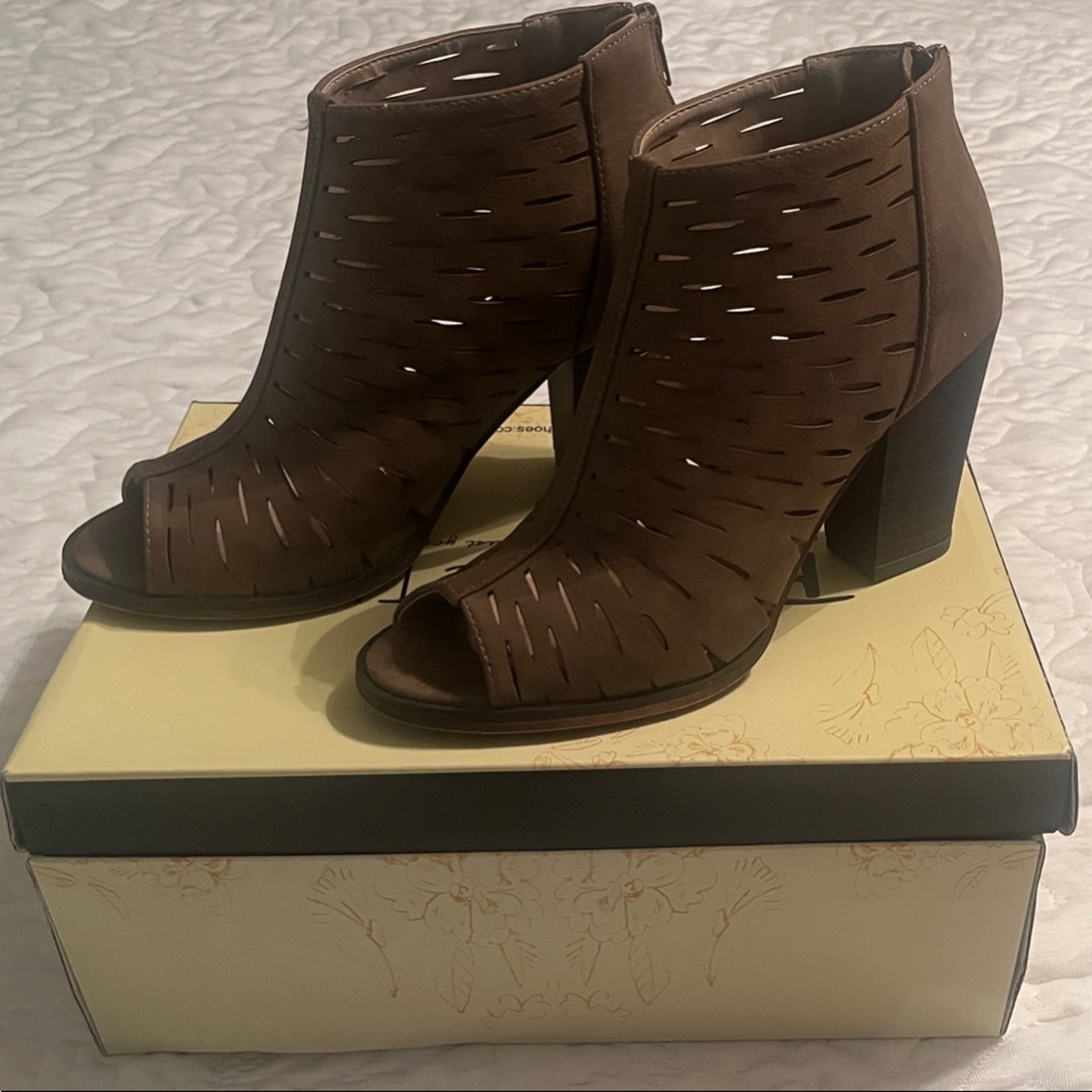 Restricted Brown Peep-Toe Cut-Out Boots